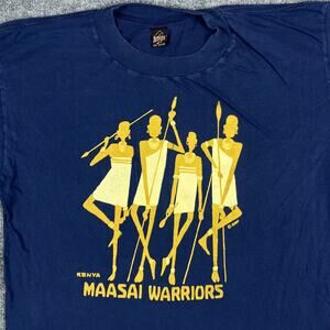 Amigo Mens Large T-Shirt Kenya‎ Maasai Warriors Graphic Navy Blue Tribal Vintage